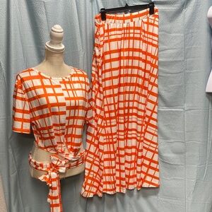 SHEIN size 2X 2pc set Orange and White Checkered maxi Skirt matching top stretch